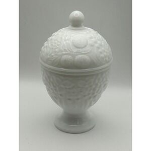 Vintage Milk Glass Harvest Fruit Floral Footed Candy Dish with Lid White 7" READ